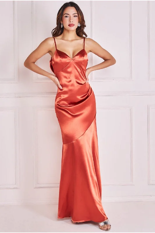 Goddiva Cowl Back Satin Maxi Dress - Burntorange