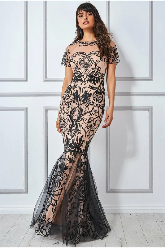 Goddiva Mesh & Lace Maxi With Scalloped Hem - Black