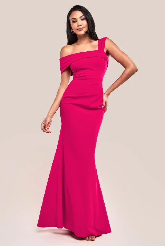 Goddiva Off The Shoulder Pleated Waist Maxi Dress - Hot Pink