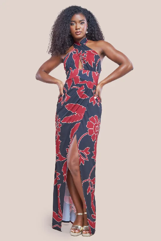 Goddiva Printed Crossover Maxi Dress - Black