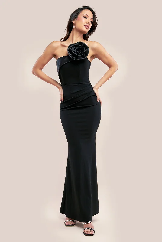 Goddiva Satin Corsage Scuba Crepe Maxi Dress - Black