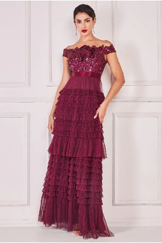 Goddiva Scallop Bardot Ruffle Mesh Maxi - Burgundy