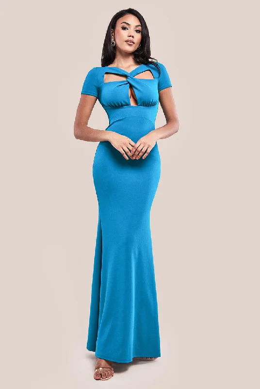 Goddiva Scuba Crepe Twist Cutout Maxi Dress - Teal Blue