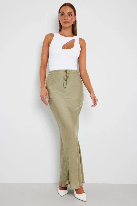 Green Drawstring Satin Maxi Skirt