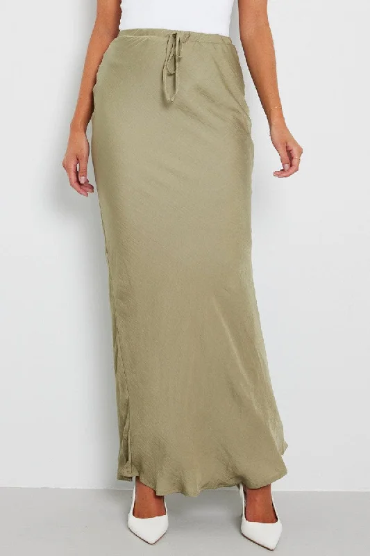 Green Drawstring Satin Maxi Skirt