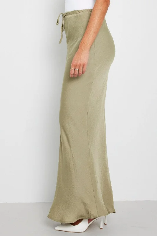 Green Drawstring Satin Maxi Skirt