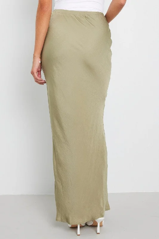 Green Drawstring Satin Maxi Skirt