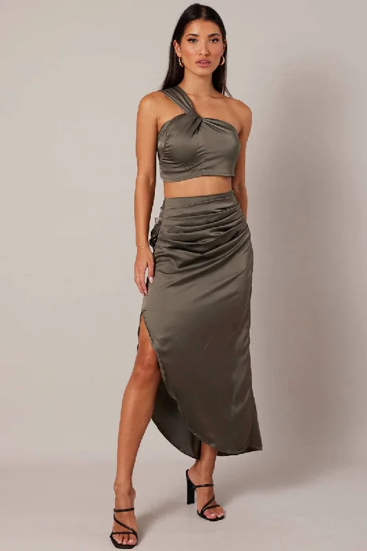 Green Ruched Maxi Skirt Draped Satin Skirt