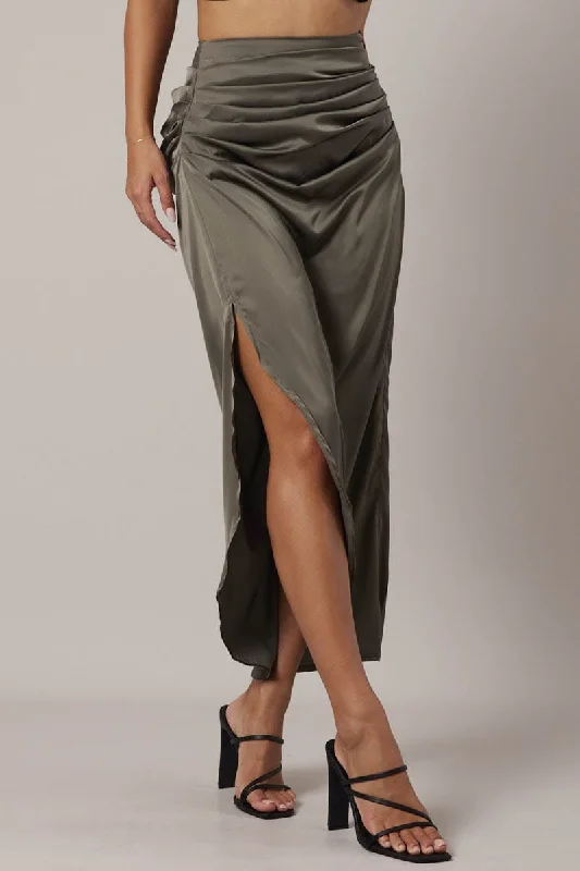 Green Ruched Maxi Skirt Draped Satin Skirt