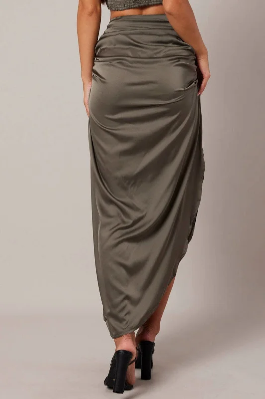 Green Ruched Maxi Skirt Draped Satin Skirt