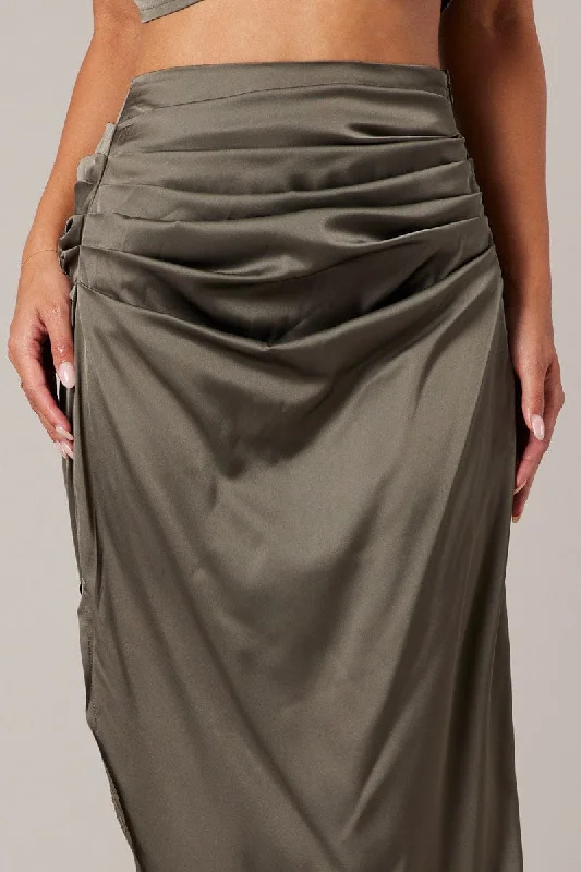 Green Ruched Maxi Skirt Draped Satin Skirt