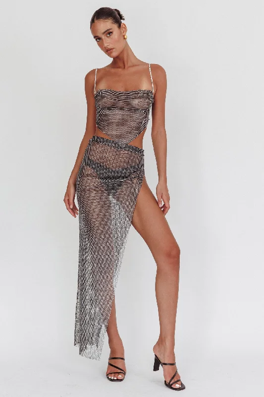 Heart Breaker Diamante Mesh Maxi Skirt Black