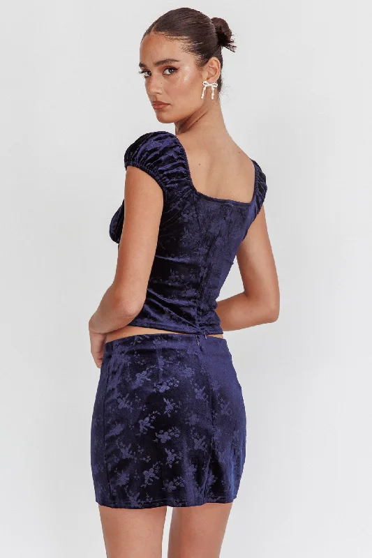 High Rollers Floral Velvet Mini Skirt Navy