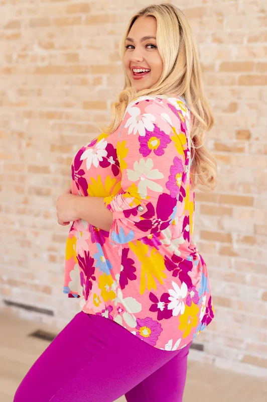 Elizabeth Top - Coral and Magenta Painted Floral