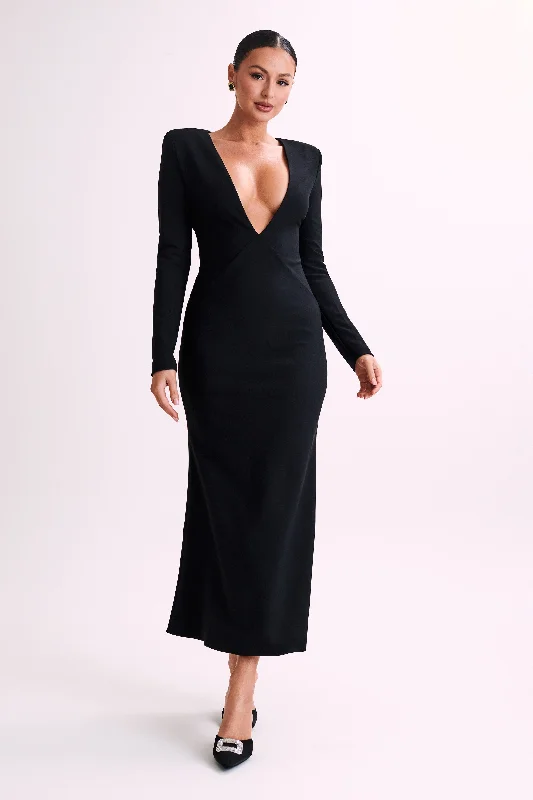 Michaela Long Sleeve Maxi Dress With Shoulder Pads - Black