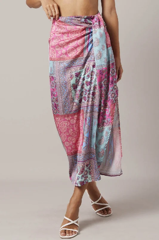 Multi Paisley Scarf Maxi Skirt Gathered Wrap Paisley Satin Skirt