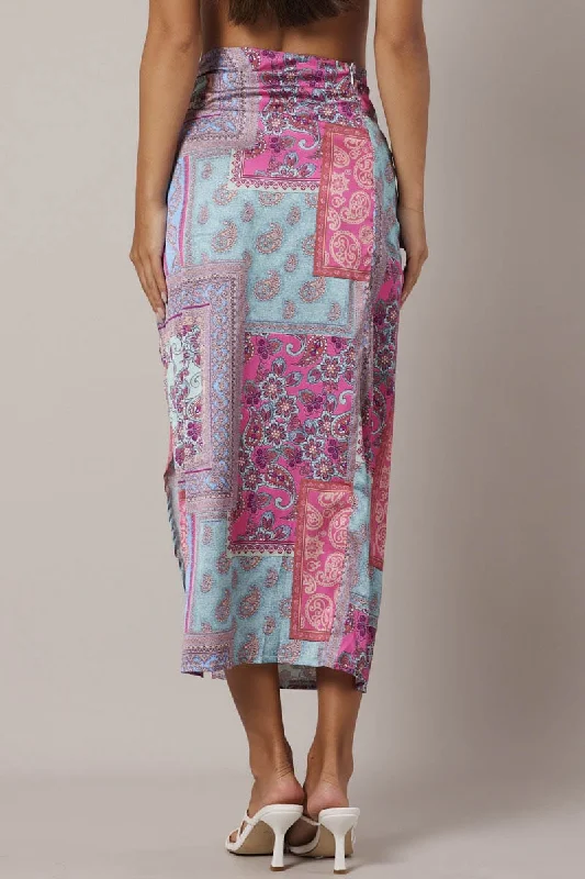 Multi Paisley Scarf Maxi Skirt Gathered Wrap Paisley Satin Skirt