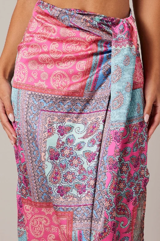 Multi Paisley Scarf Maxi Skirt Gathered Wrap Paisley Satin Skirt