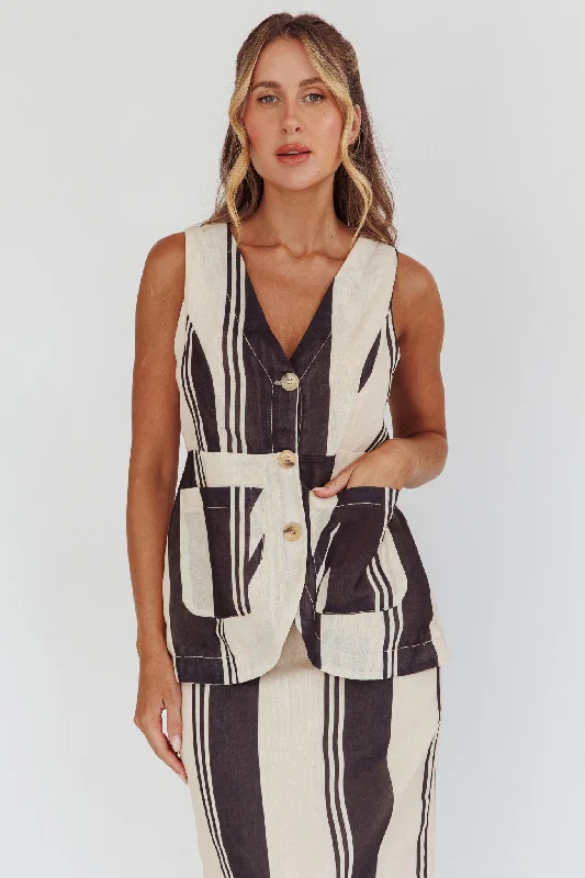 Philomena Button Pocket Vest Top Stripe Black