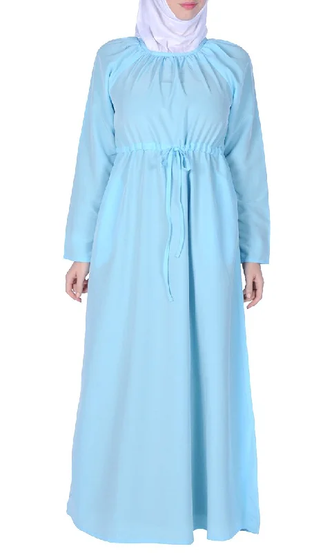 Pleated Detail And Knotted Drawstring Flared Abaya Dress