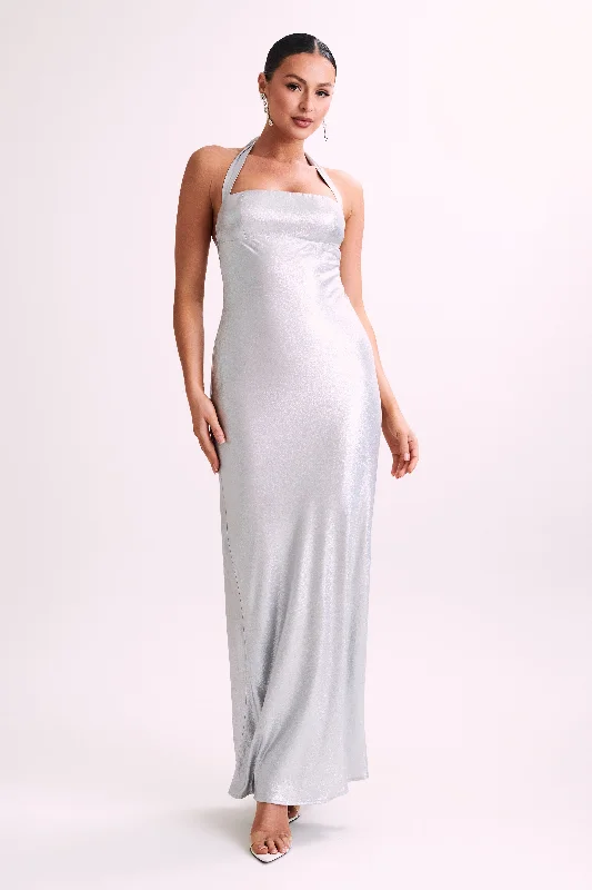 Sabra Satin Halter Maxi Dress - Silver