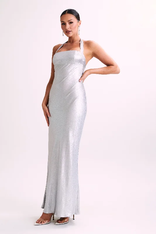 Sabra Satin Halter Maxi Dress - Silver