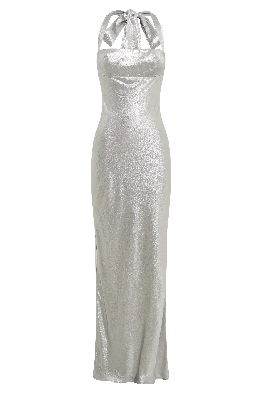 Sabra Satin Halter Maxi Dress - Silver