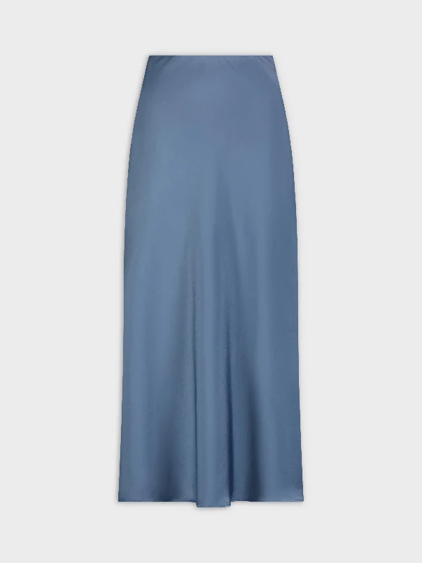 Solid Satin Slip Skirt-Denim Blue