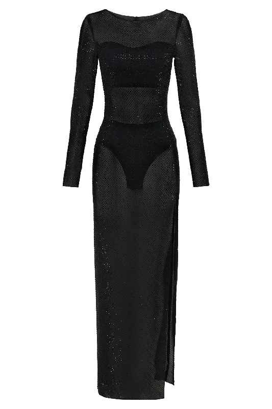 Sevanna Diamante Long Sleeve Maxi Dress - Black