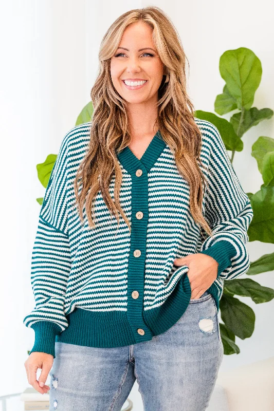 Snuggly Stripe Button-Up Sweater, Jade Green-Ivory