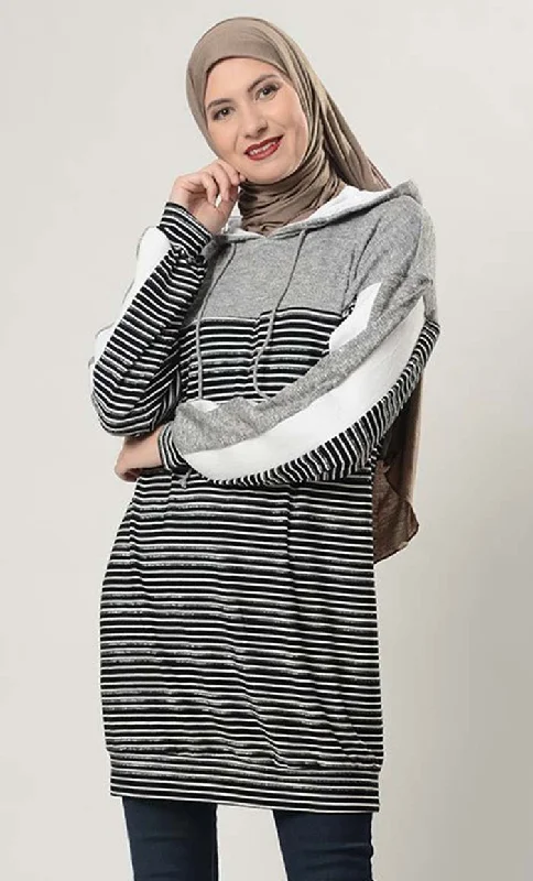 Monotone Striped Extra Long Hoodie T Shirt