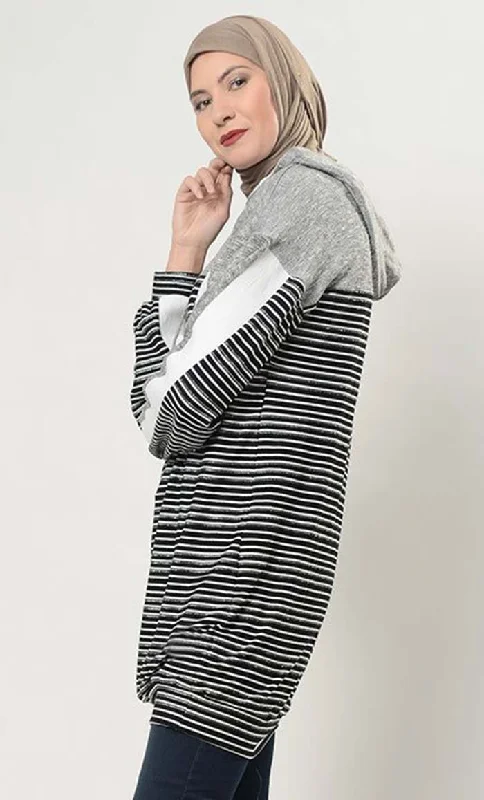 Monotone Striped Extra Long Hoodie T Shirt