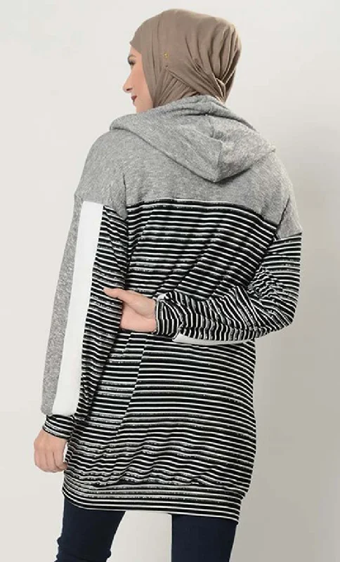 Monotone Striped Extra Long Hoodie T Shirt