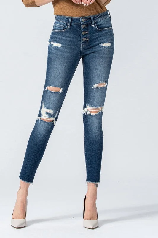 Vervet Mid Rise Button Up Distressed Skinny Jean(VT917)