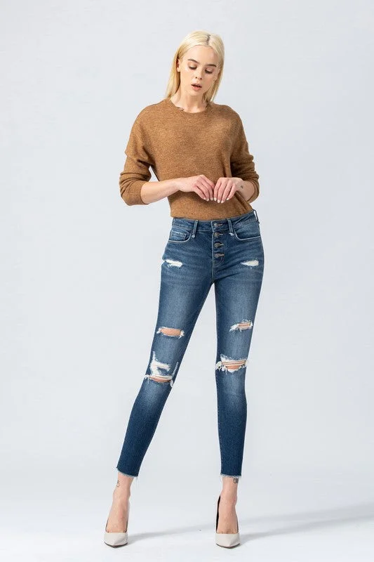 Vervet Mid Rise Button Up Distressed Skinny Jean(VT917)