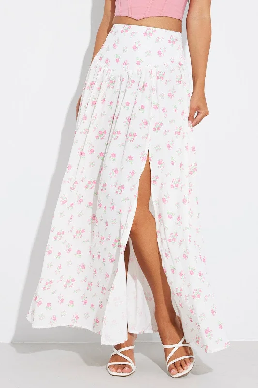 White Floral Maxi Skirt Bouquet Ditsy Side Split Skirt