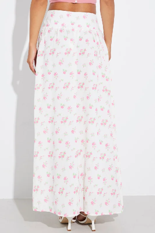 White Floral Maxi Skirt Bouquet Ditsy Side Split Skirt