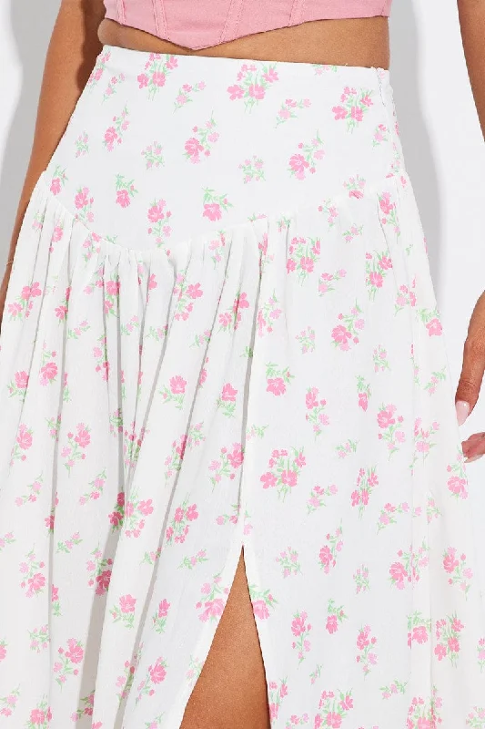 White Floral Maxi Skirt Bouquet Ditsy Side Split Skirt