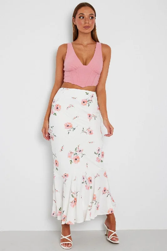 White Floral Maxi Skirt High Waist Fit & Flare