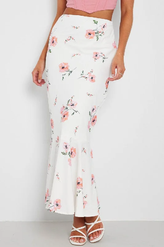 White Floral Maxi Skirt High Waist Fit & Flare