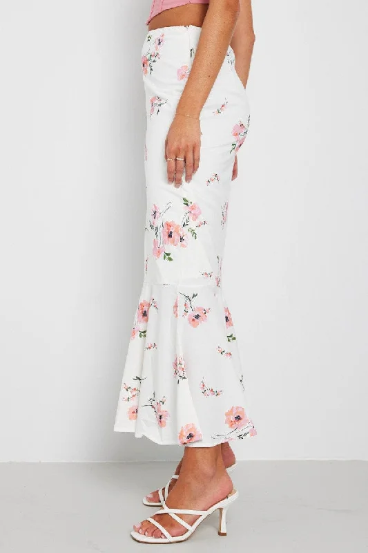 White Floral Maxi Skirt High Waist Fit & Flare