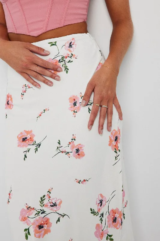 White Floral Maxi Skirt High Waist Fit & Flare