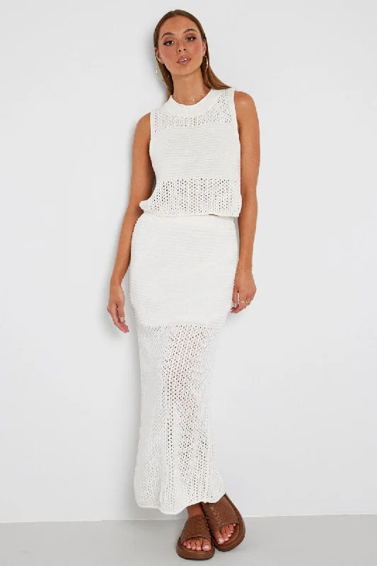 White Knit Skirt Midi Crochet