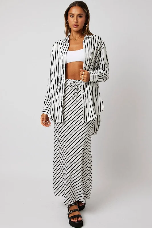 White Stripe Slip Skirt Maxi Drawstring Waist