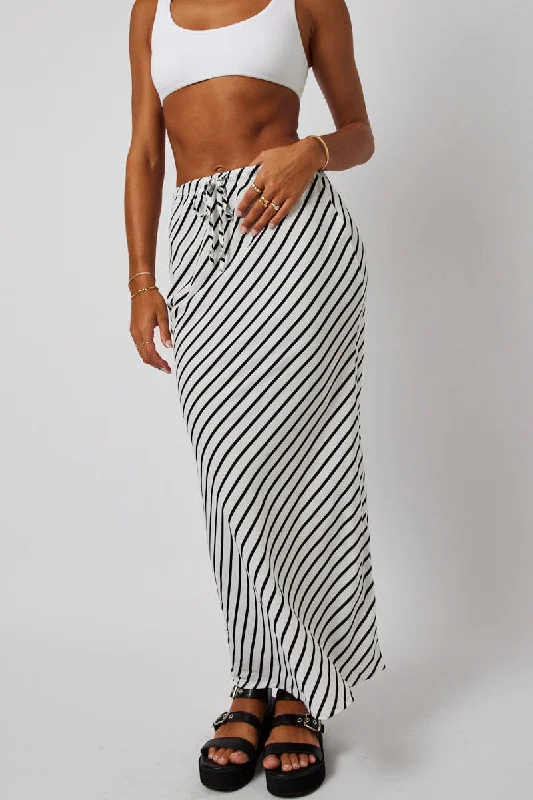 White Stripe Slip Skirt Maxi Drawstring Waist