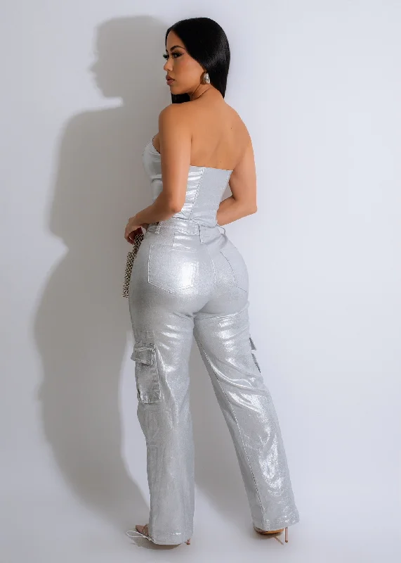 You Arrived Metallic Cargo Pants Silver