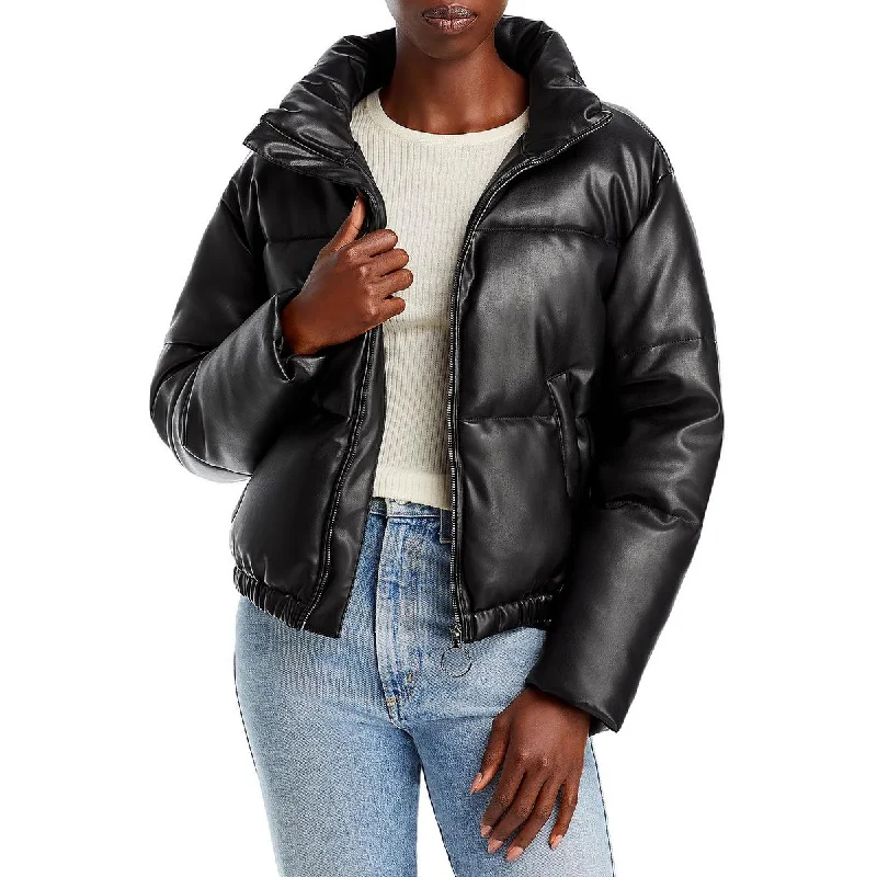 Aqua Womens Faux Leather Short Puffer Jacket