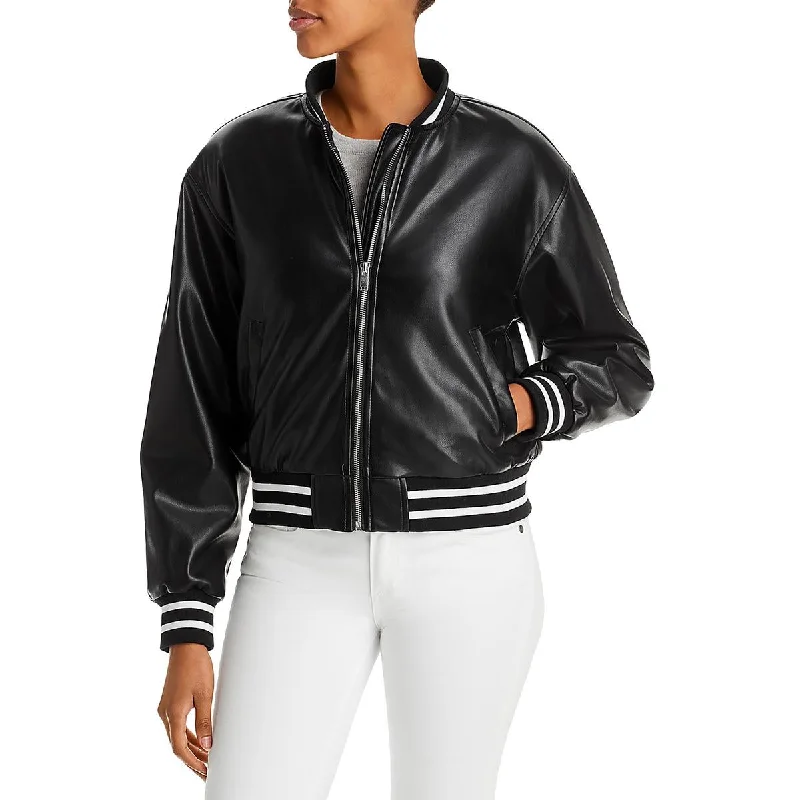 Aqua Womens Faux Leather Striped Trim Bomber Jacket