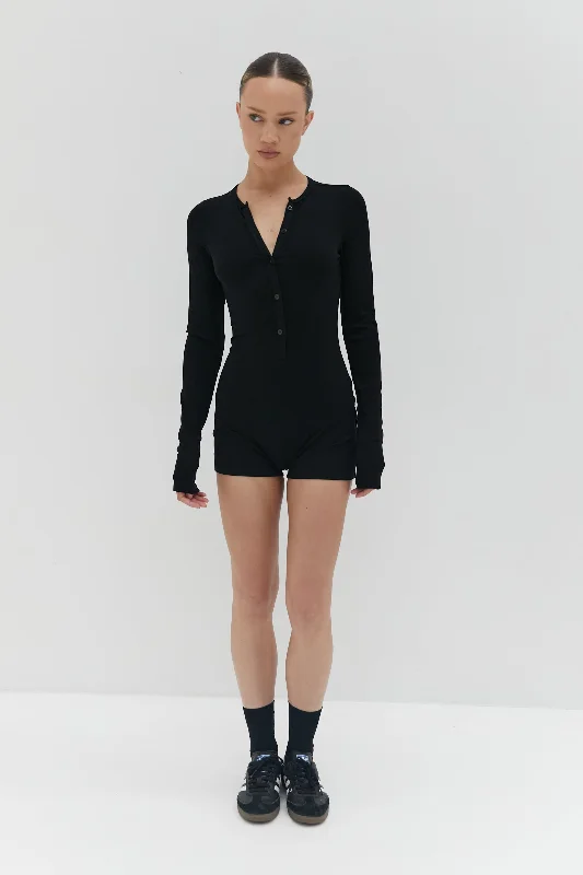 Button Ribbed Romper - Black