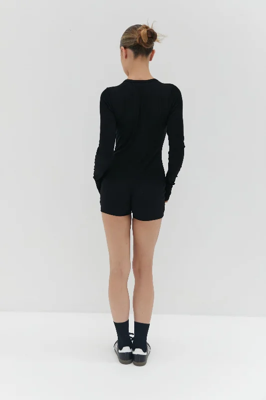 Button Ribbed Romper - Black